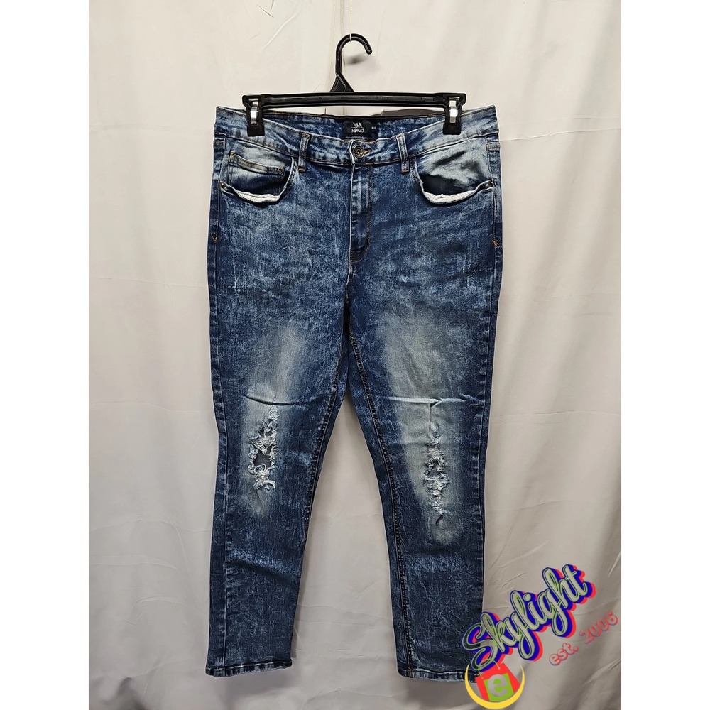 True indigo Men's Blue Distressed Straight Leg Denim‎ Jeans Acid Wash Size 36x30